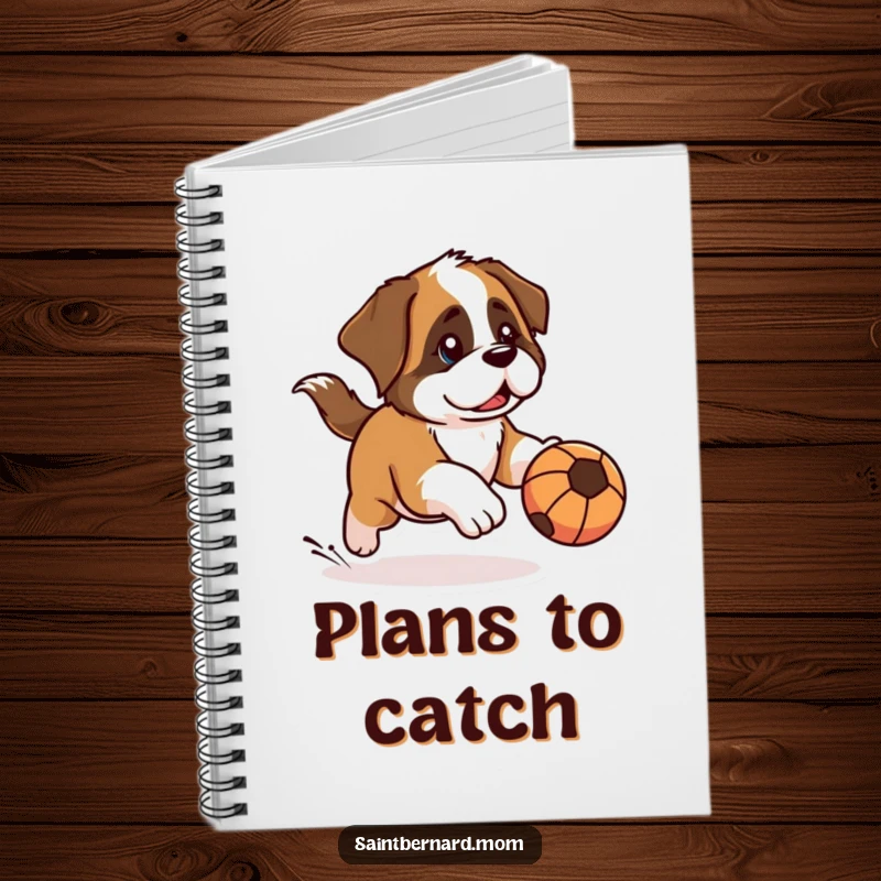 Funny Kawaii Saint Bernard notebook for writing, showcasing a dog with a determined look, chasing a rolling ball, perfect for capturing ideas.