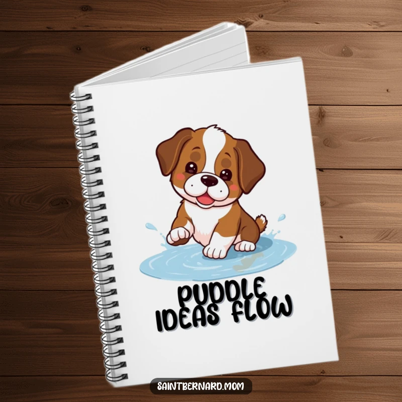 Funny Kawaii Saint Bernard notebook featuring a cute dog playfully splashing in a small puddle, ideal for notes and journaling with a humorous theme.