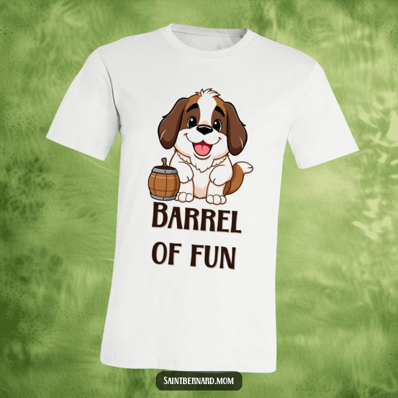Funny Saint Bernard t-shirt featuring a large, happy Saint Bernard dog with a friendly grin and barrel, celebrating its helpful nature.
