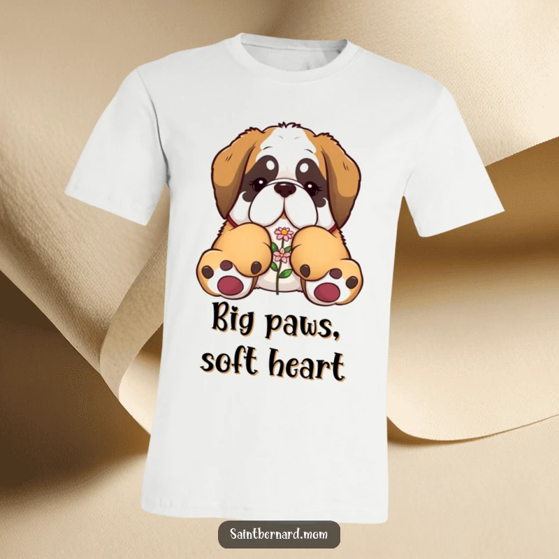Funny Saint Bernard t-shirt showing a dog with massive paws delicately holding a small flower, highlighting tenderness.