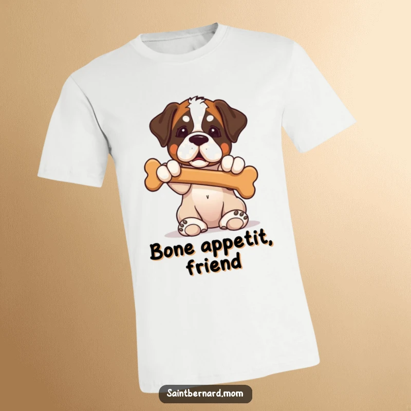 Funny Saint Bernard puppy t-shirt depicting a dog sitting expectantly with paws raised, holding a big bone.