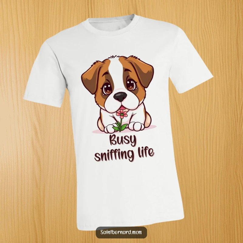 Funny Kawaii Saint Bernard t-shirt, a curious dog sniffing a tiny flower, symbolizing gentle exploration and nature's beauty.