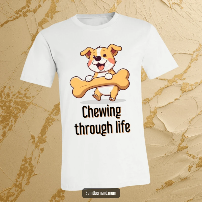 Funny fetching dog t-shirt graphic, featuring a dog joyfully carrying a huge bone, full of enthusiasm.