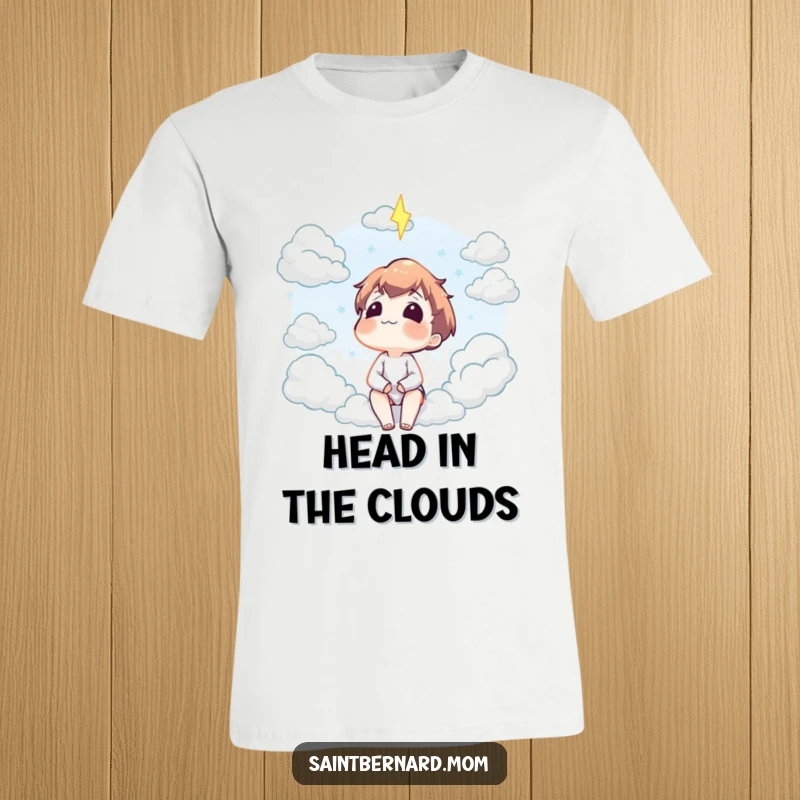 Funny t-shirt depicting a character looking up with a serene smile at fluffy clouds, conveying deep contentment and peaceful contemplation.