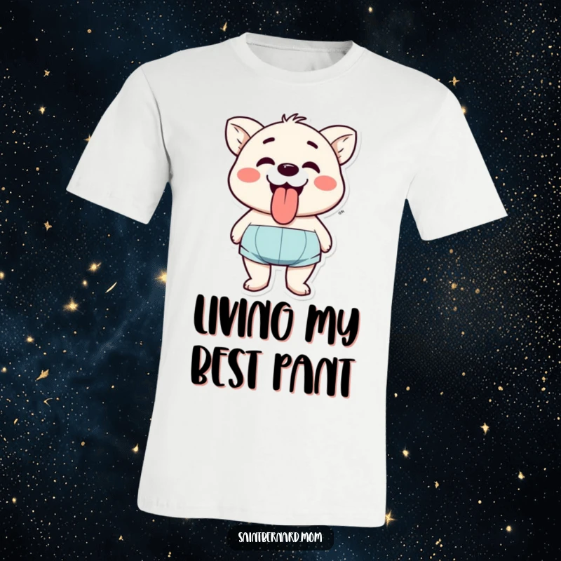 Funny t-shirt featuring a character in a state of ecstatic panting, tongue out, conveying utter happiness and a playful spirit.