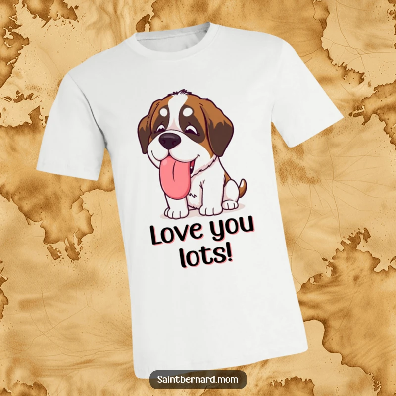 Funny Kawaii Saint Bernard t-shirt of a dog giving a giant, slobbery, happy lick, celebrating enthusiastic affection with humorous charm.