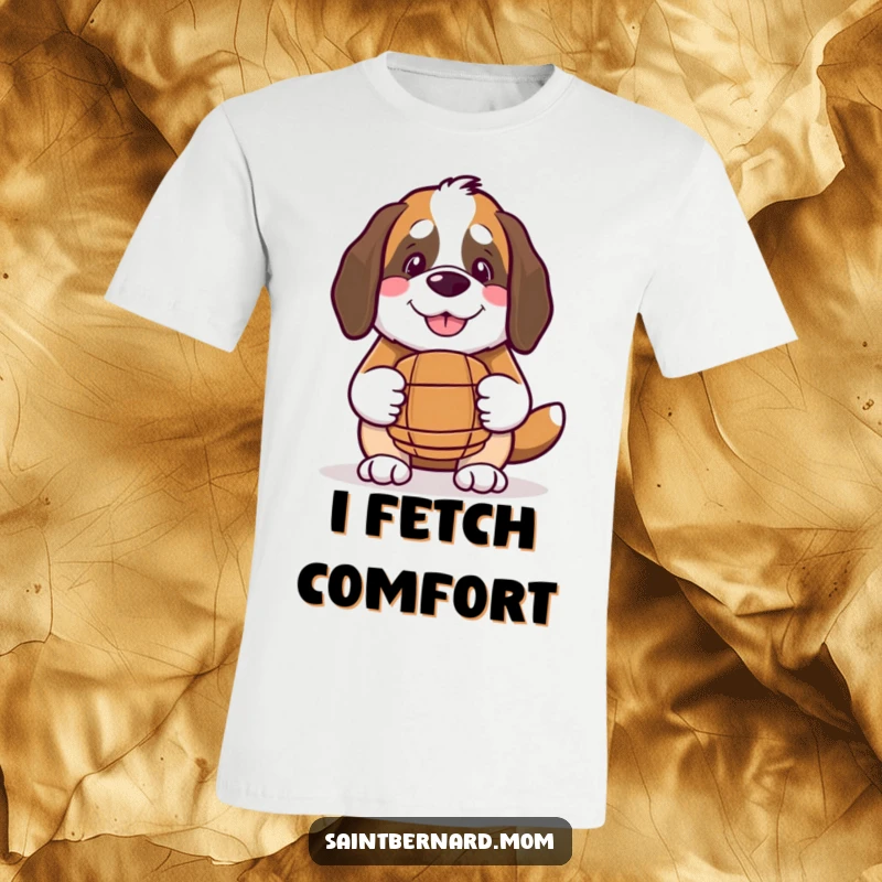 Funny Kawaii Saint Bernard t-shirt, depicting a smiling dog with a small barrel, perfect for gentle souls and dog moms.