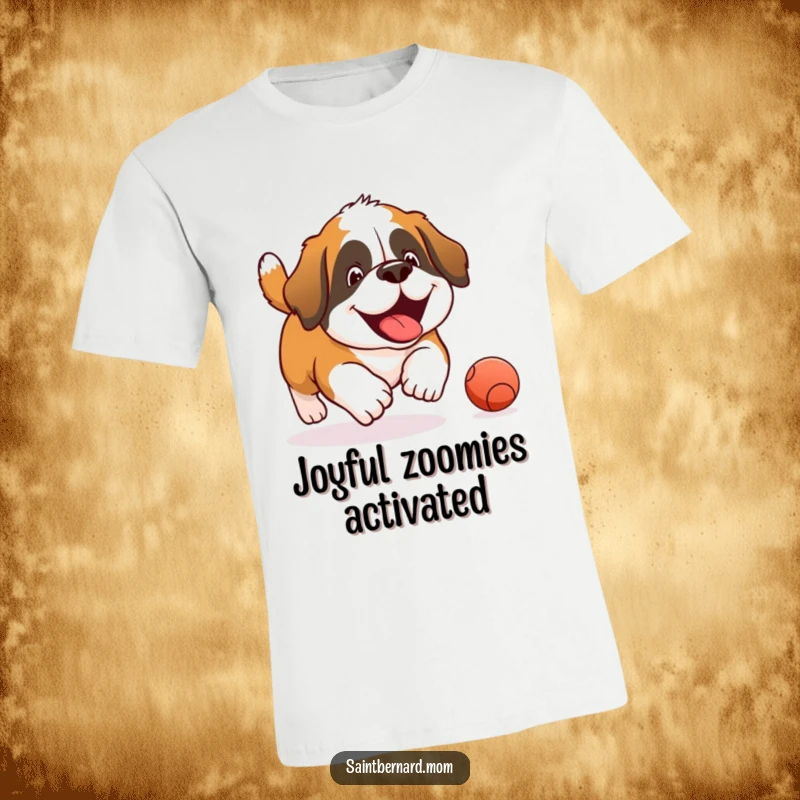 Funny Saint Bernard T-shirt featuring a joyful dog leaping after a rolling ball, expressing pure, uncontainable happiness and fun.