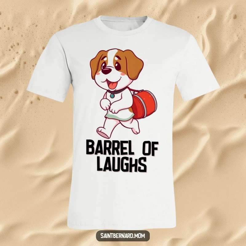 Funny Saint Bernard Lady T-Shirt depicting a dog with a small red barrel, ready to be of service with a friendly demeanor.