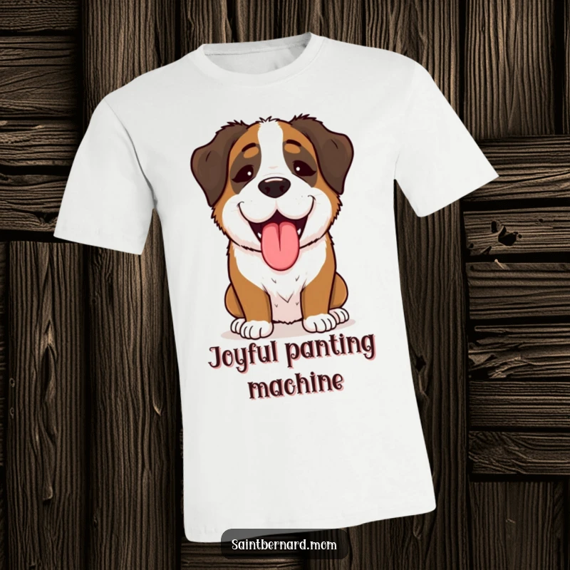 Funny Saint Bernard Lady T-Shirt, enthusiastically panting with overwhelming joy, showcasing a happy and humorous canine character.
