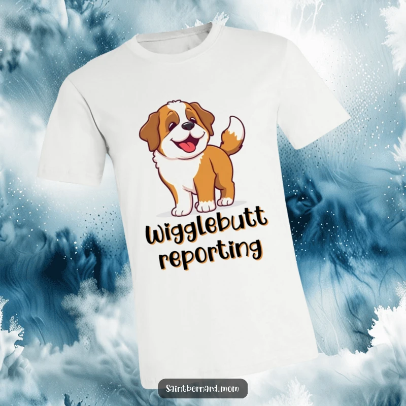 Funny Saint Bernard t-shirt depicting a dog wagging its tail so hard that its whole body wiggles with pure, uncontainable happiness.