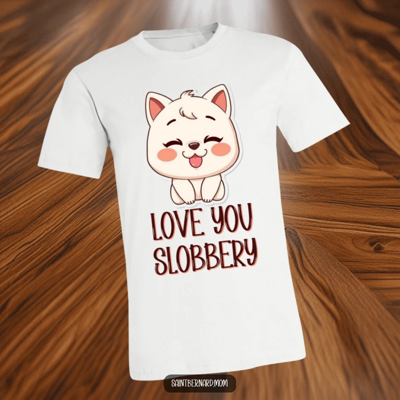 Funny t-shirt depicting a character with an enormous grin, offering a big, slobbery kiss, conveying overwhelming love and happiness.