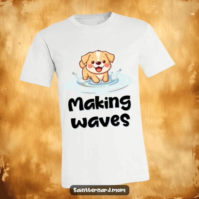 Funny splashing dog t-shirt graphic, featuring a dog gleefully wading and splashing in shallow water.