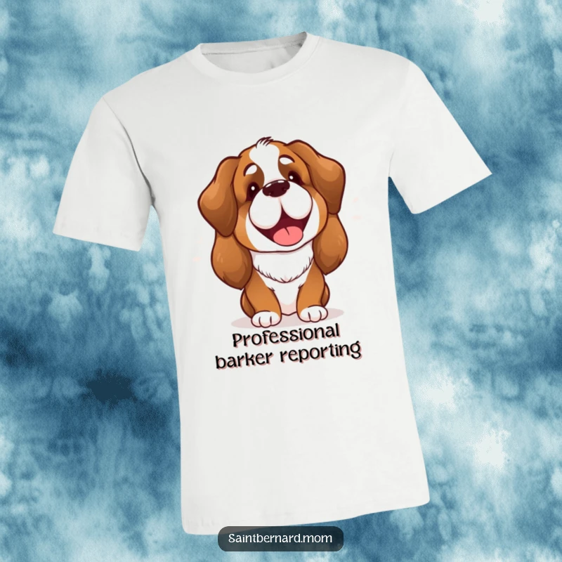 Funny Saint Bernard Lady T-Shirt featuring a happy, cheerful dog mid-bark, radiating infectious joy and a playful, outgoing personality.