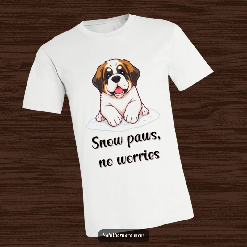 Funny Saint Bernard dog t-shirt depicting paws resting gently on soft snow, a humorous winter design.
