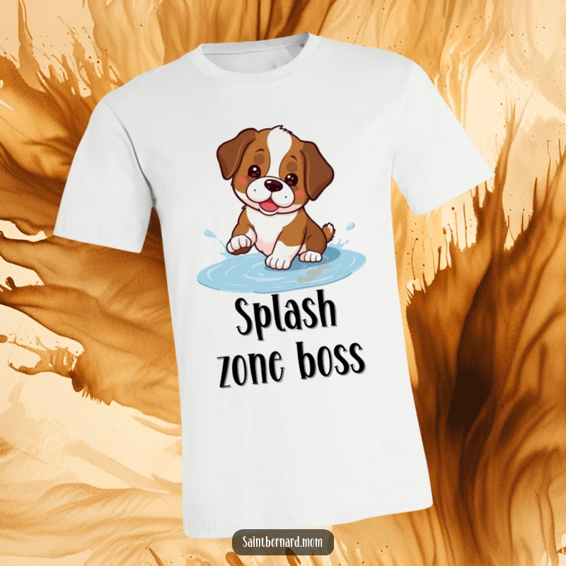 Funny Kawaii Saint Bernard t-shirt depicting a cute dog playfully splashing in a small puddle, a scene of pure canine delight.