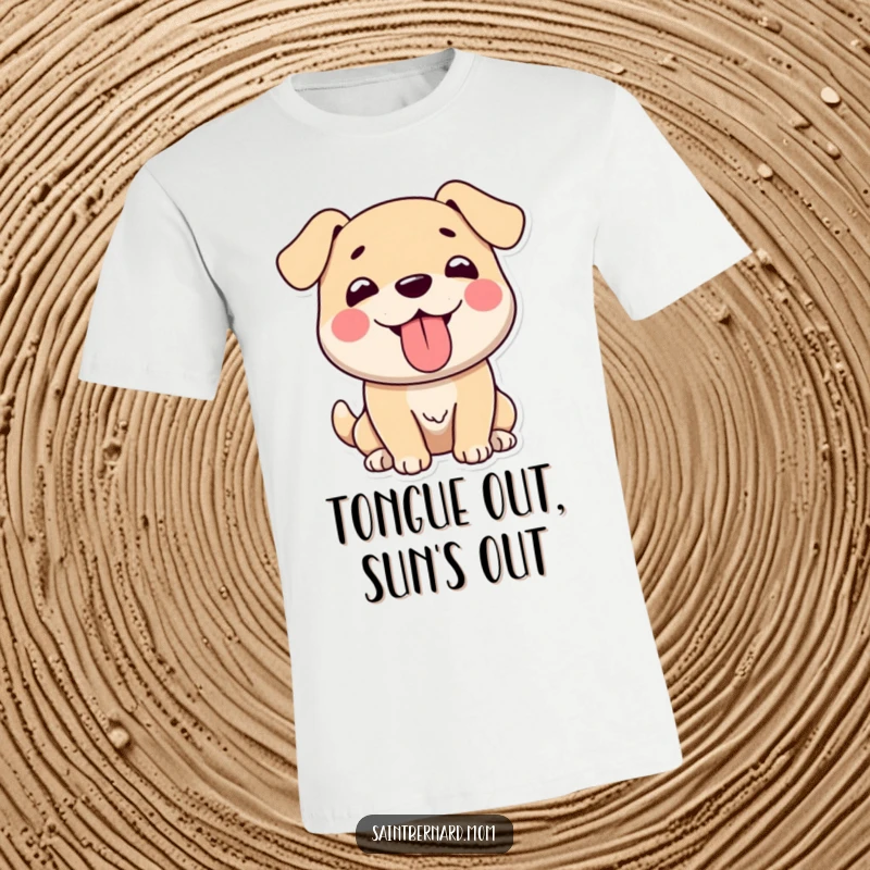 Funny t-shirt of a large, gentle dog character happily panting, tongue out, exuding pure, uninhibited joy and a friendly demeanor.