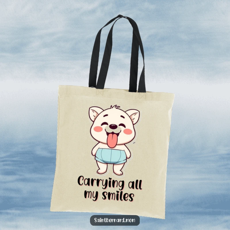 Funny tote bag depicting a character catching their breath with a happy pant and tongue out, a charming accessory for everyday use.