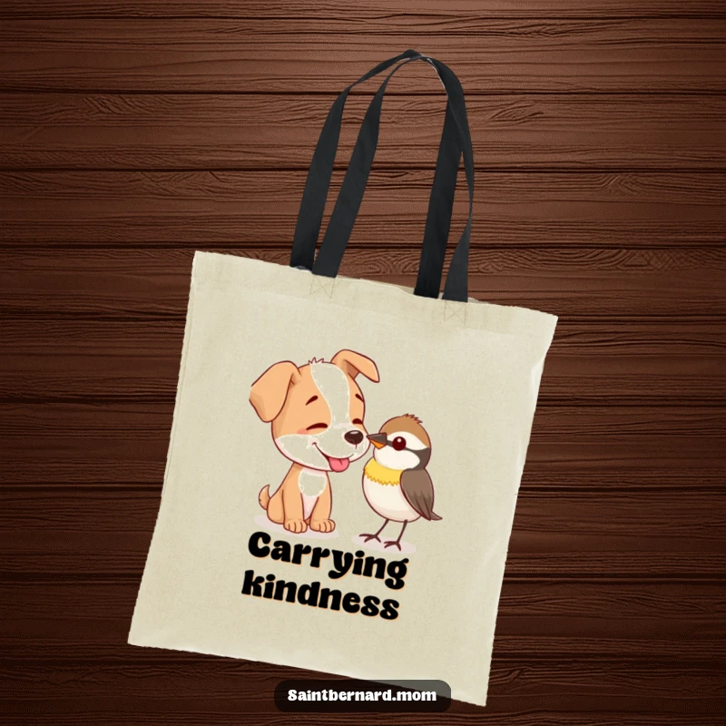 Funny Tote Bag: A dog gently offers a lick to a tiny, curious bird, showing a sweet moment of animal connection.