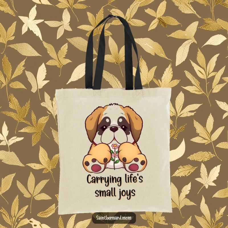 Funny Saint Bernard tote bag featuring a dog with oversized paws gently carrying a small flower, ideal for everyday use.