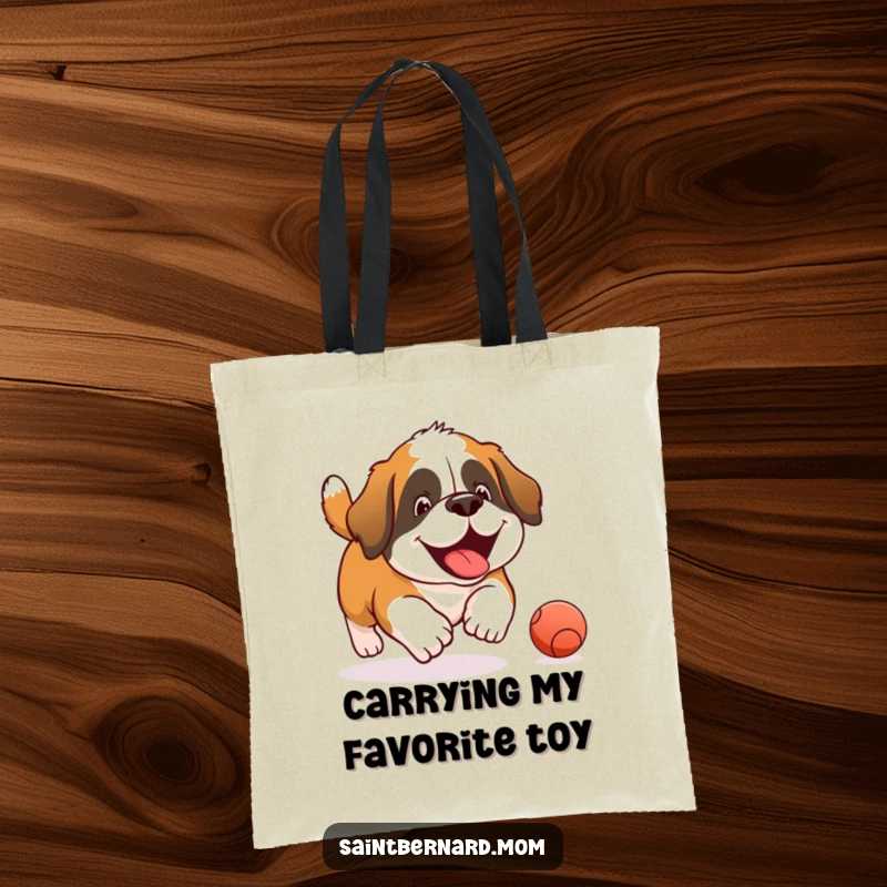 Funny Saint Bernard tote bag showing a happy dog enthusiastically chasing a rolling ball with immense joy and playful abandon.