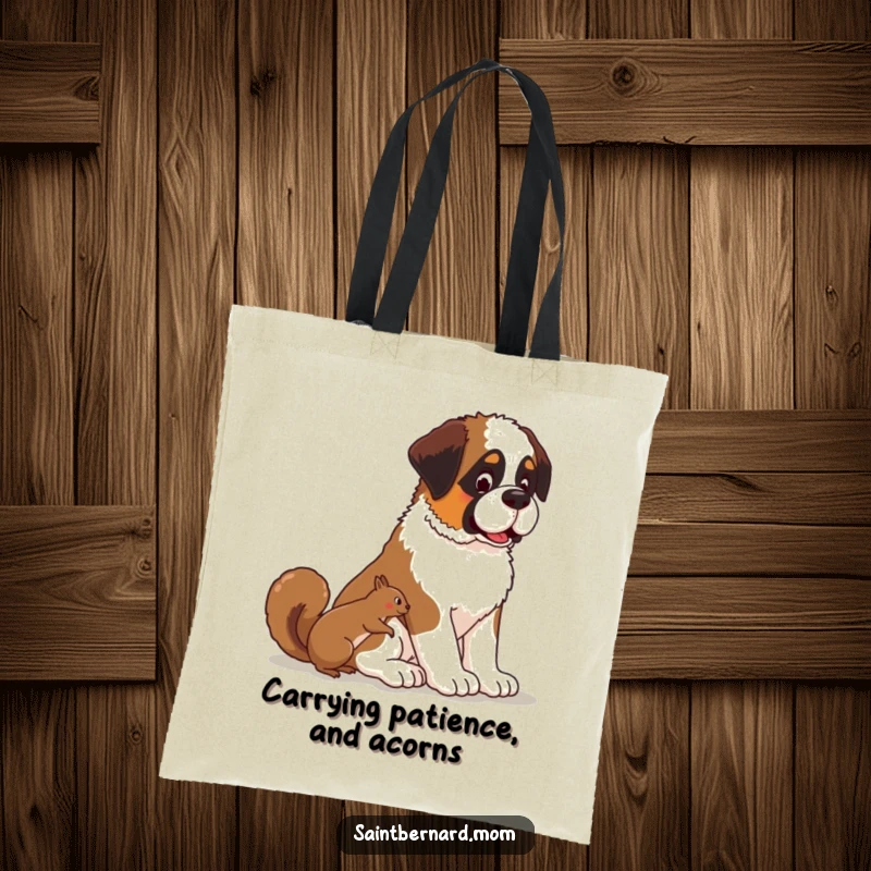 Funny Kawaii Saint Bernard dog tote bag, cute pup sitting patiently to watch a squirrel, durable and stylish.