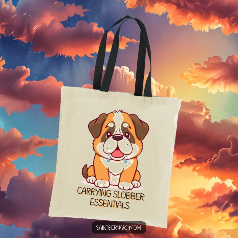 Funny Saint Bernard dog tote bag with a warm, friendly drool design, a humorous and useful gift.