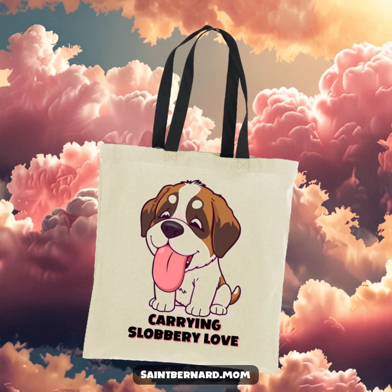 Funny Kawaii Saint Bernard tote bag of a dog giving a giant, slobbery, happy lick, ideal for carrying items with humorous affection and charm.
