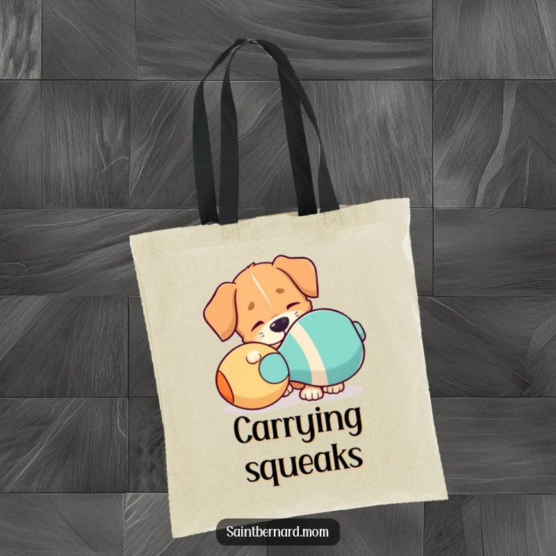 Funny Tote Bag: A dog with a floppy ear is nudging a giant squeaky toy, ready for a fun day out.