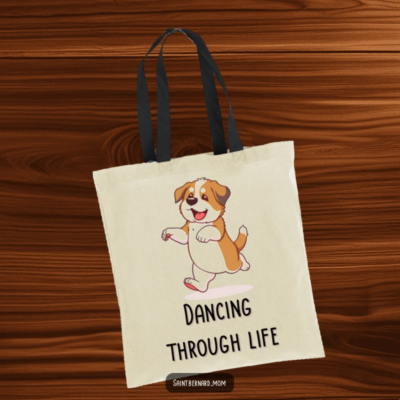 Funny Saint Bernard puppy tote bag featuring a dog dancing with clumsy, joyful steps, perfect for everyday use.