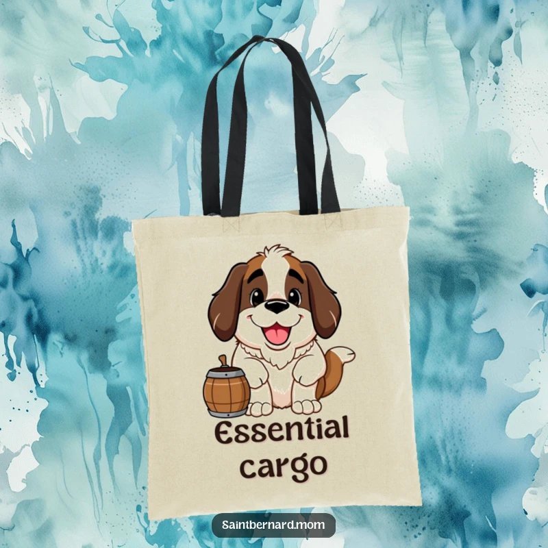 Funny Saint Bernard tote bag illustrating a large, happy Saint Bernard dog with a friendly grin and barrel, perfect for carrying items.