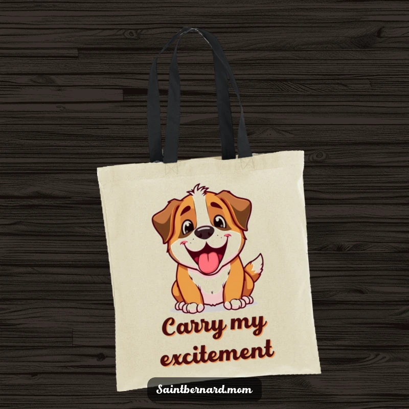 Funny Saint Bernard dog character with a happy, excited panting expression on a durable tote bag.