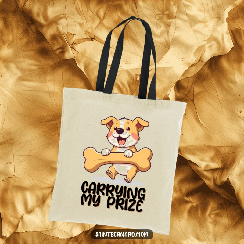 Funny fetching dog tote bag, showcasing a dog gleefully carrying an oversized bone, perfect for errands.