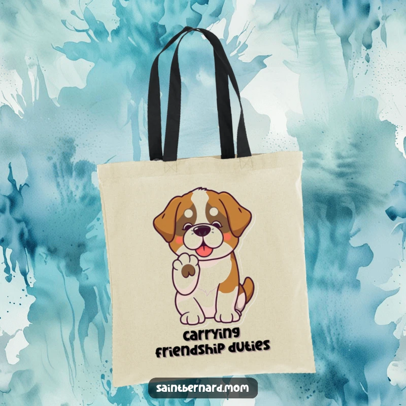 Funny Saint Bernard tote bag showcasing a kawaii dog extending a paw, symbolizing connection and a friendly spirit for everyday use.