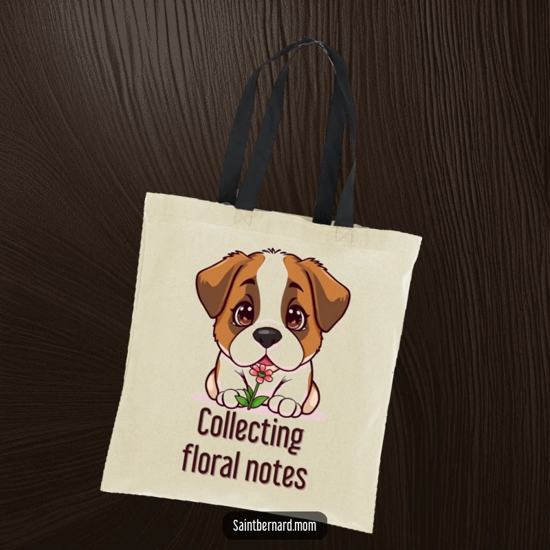Funny Kawaii Saint Bernard tote bag, a curious dog sniffing a tiny flower, ideal for carrying items with a touch of nature.