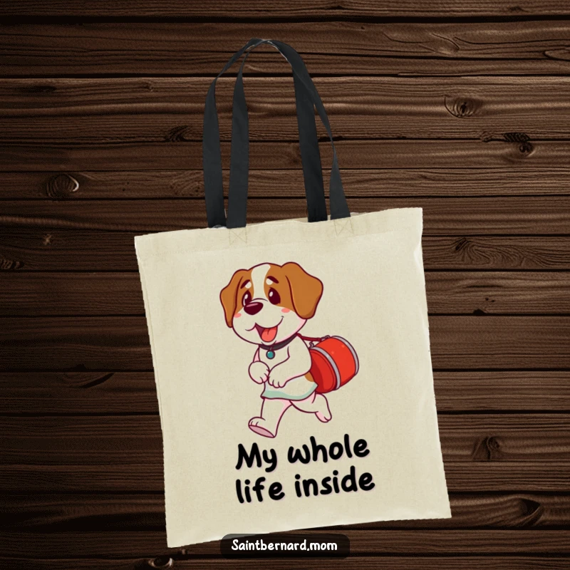 Funny Saint Bernard Lady Tote Bag showcasing a dog carrying a small red barrel, symbolizing preparedness and a helpful spirit.