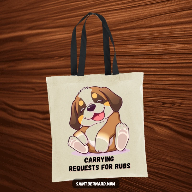 Funny Saint Bernard puppy tote bag, a dog rolling on its back, inviting belly rubs with a happy, goofy expression, practical and cute gift.