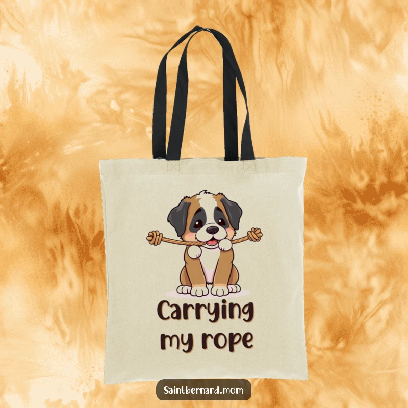 Funny Saint Bernard puppy tote bag, a dog playfully tugging on a sturdy rope, showing determination and playful spirit, practical and cute gift.