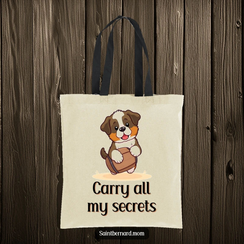 Funny Saint Bernard puppy tote bag, a kawaii dog carrying a small barrel, a cute and practical accessory for everyday use.