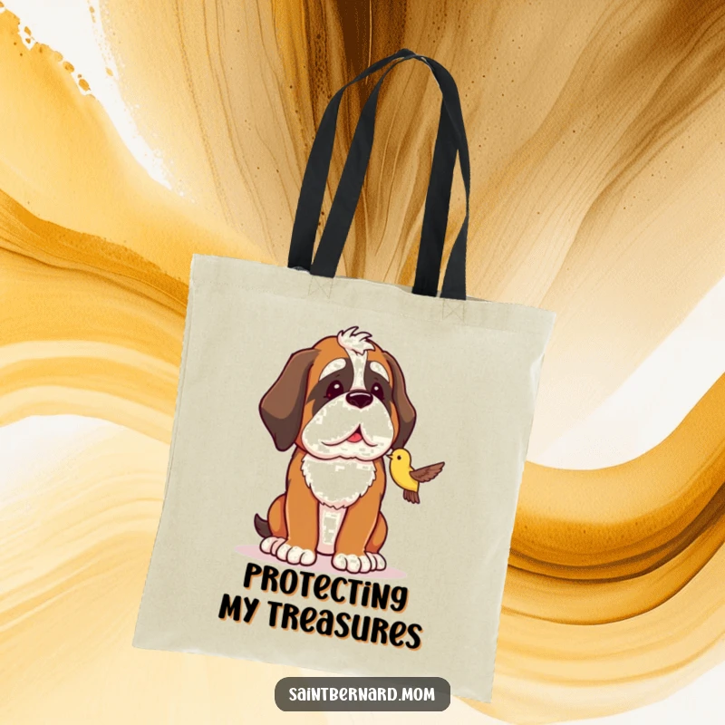 Funny Saint Bernard tote bag designed with a dog protectively watching over a small bird, practical and charming.