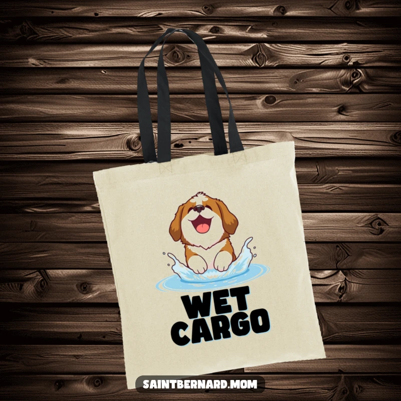 Funny Saint Bernard tote bag illustrating a happy Saint Bernard dog joyfully splashing in water, perfect for carrying items.