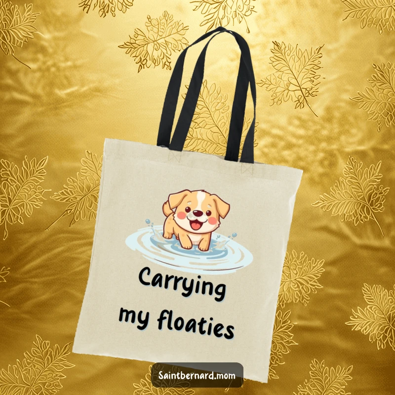 Funny splashing dog tote bag, showcasing a happy dog wading and splashing playfully in shallow water.