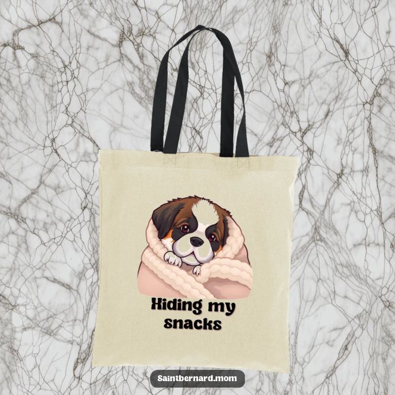 Funny Saint Bernard puppy tote bag featuring a dog peeking from behind a soft wool blanket, exuding comfort.