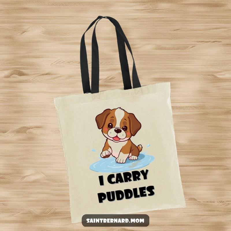 Funny Kawaii Saint Bernard tote bag featuring a cute dog playfully splashing in a small puddle, ideal for carrying items with a water-loving theme.