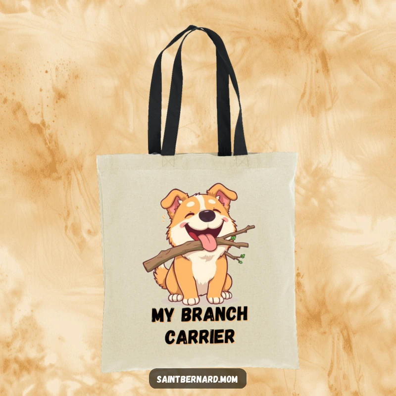 Funny Tote Bag: A large dog joyfully carrying a small, fallen branch in its mouth, ready for errands or park trips.