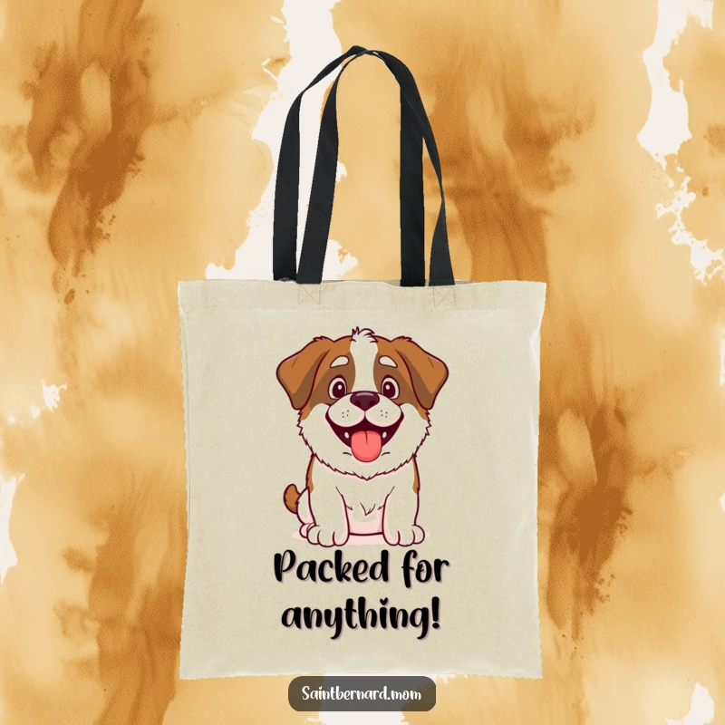 Funny Saint Bernard tote bag featuring a happy, panting dog, symbolizing preparedness and excitement for any adventure.