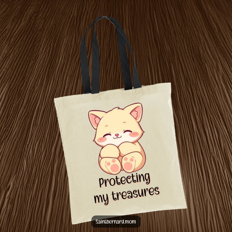 Funny tote bag with a character’s large paws curled protectively, symbolizing safety and care, a charming accessory for everyday use.