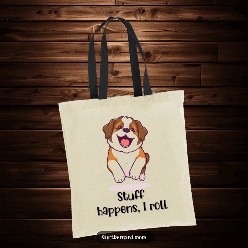 Funny Kawaii Saint Bernard tote bag, a dog in a gleeful, happy roll, ideal for carrying items with a smile.